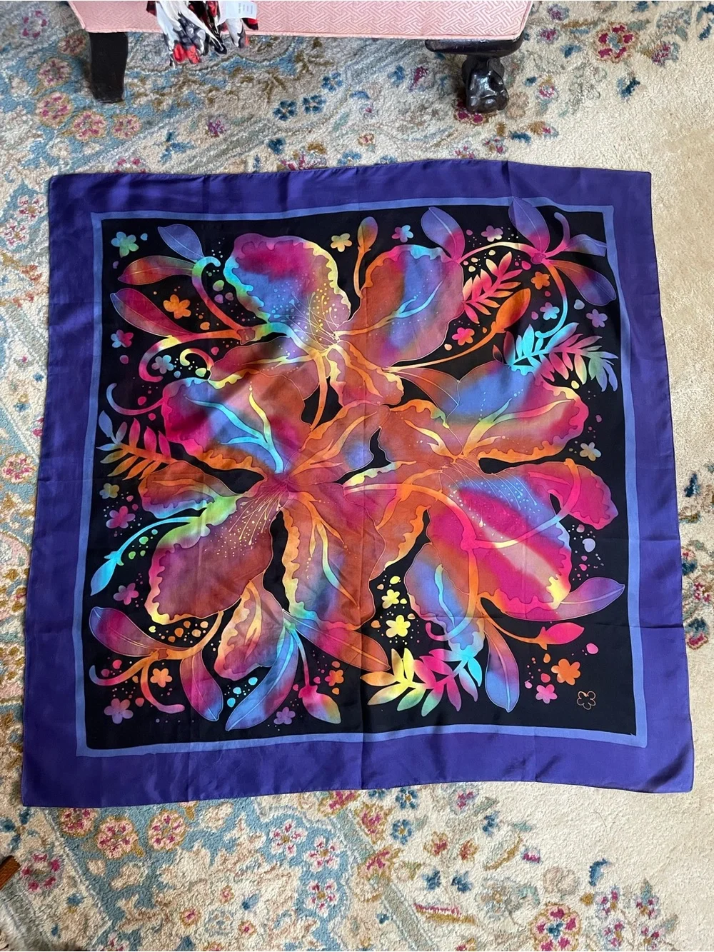 Rainbow Colored Floral Silk Scarf